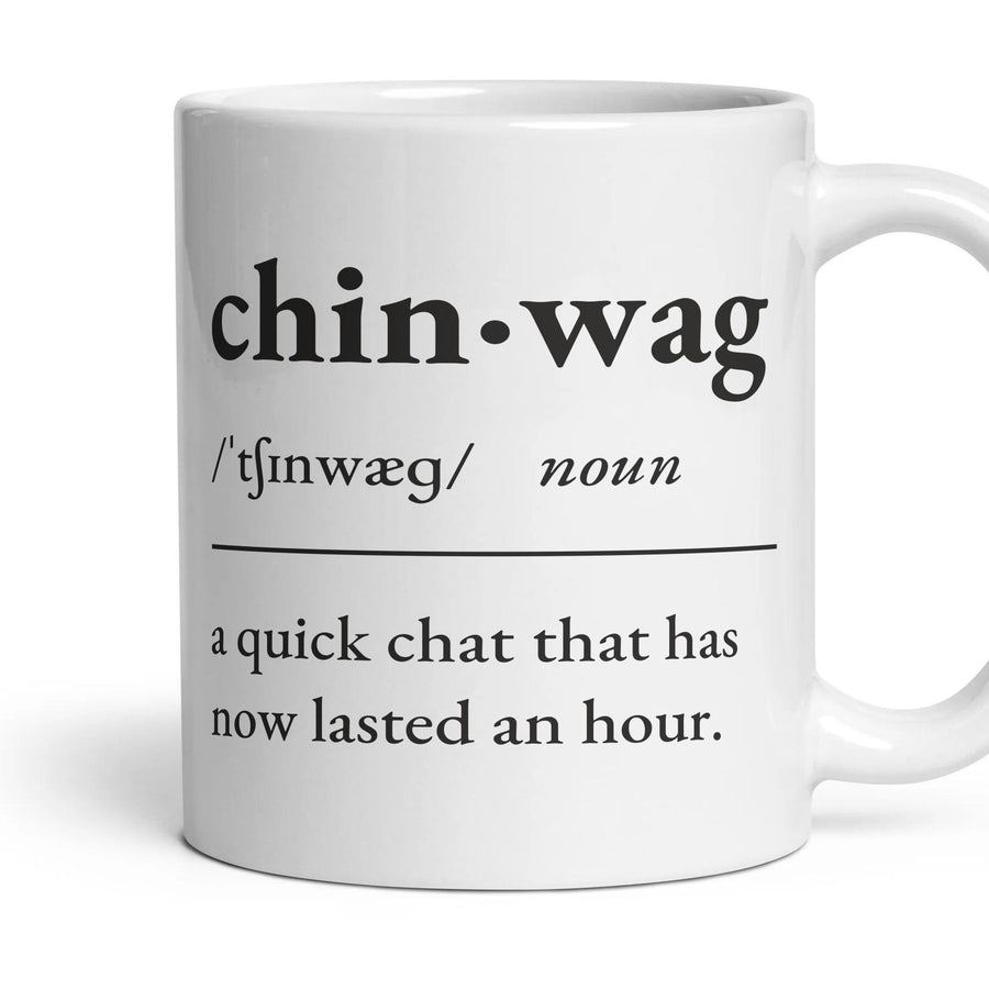 Chinwag mug, 11oz white ceramic, handle right