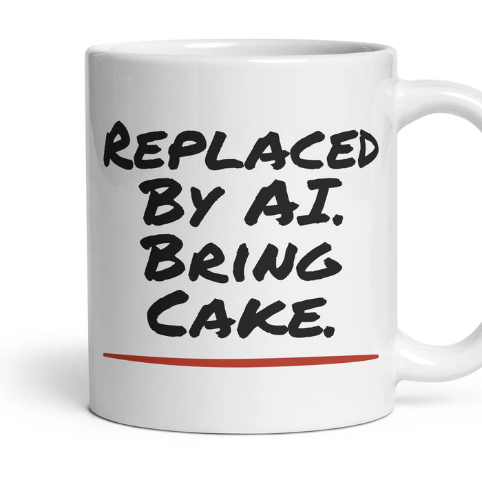 Replaced By AI. Bring Cake. mug, 11oz white ceramic, handle right