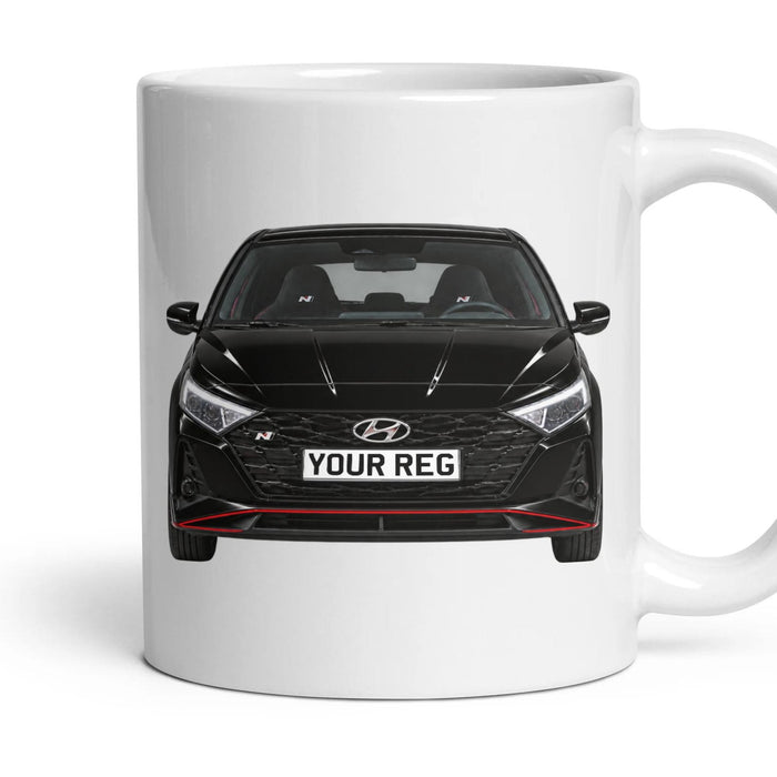 Hyundai i20 N Personalised Number Plate Mug - Phantom Black - Front & Rear mug, 11oz white ceramic, Phantom Black, handle right