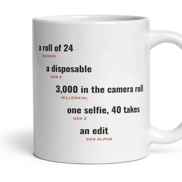 Photos: a roll of 24, a disposable, 3,000 in the camera roll, one selfie, 40 takes, an edit mug, 11oz white ceramic, handle right
