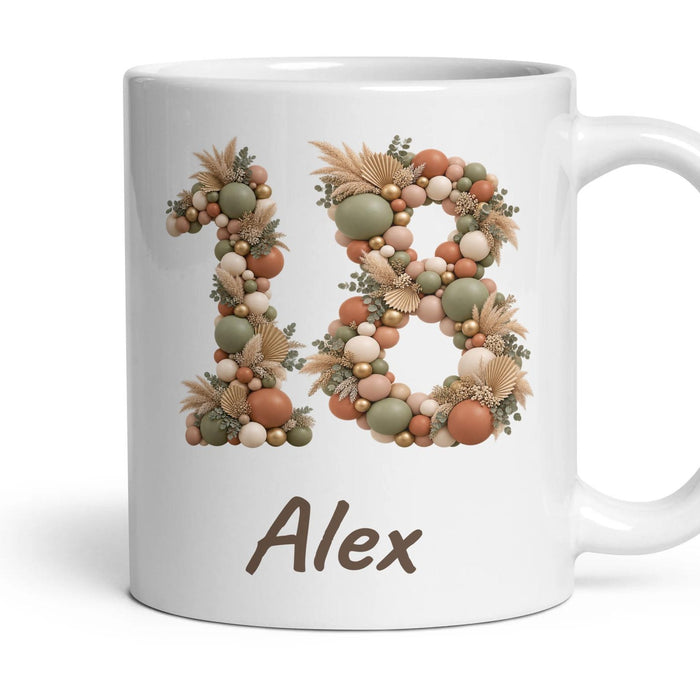 Personalised 18th Birthday Balloon Mug mug, 11oz white ceramic, Boho Sage & Terracotta, handle right
