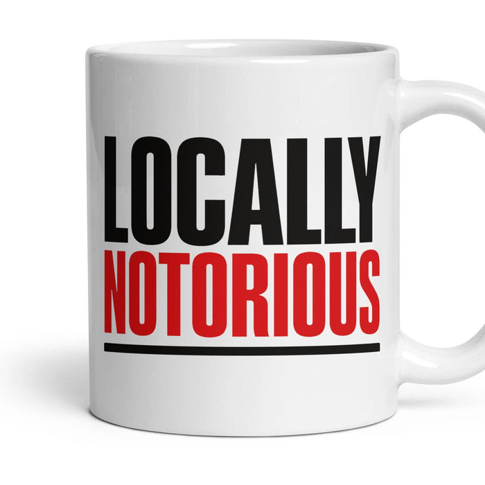 Locally Notorious mug, 11oz white ceramic, handle right