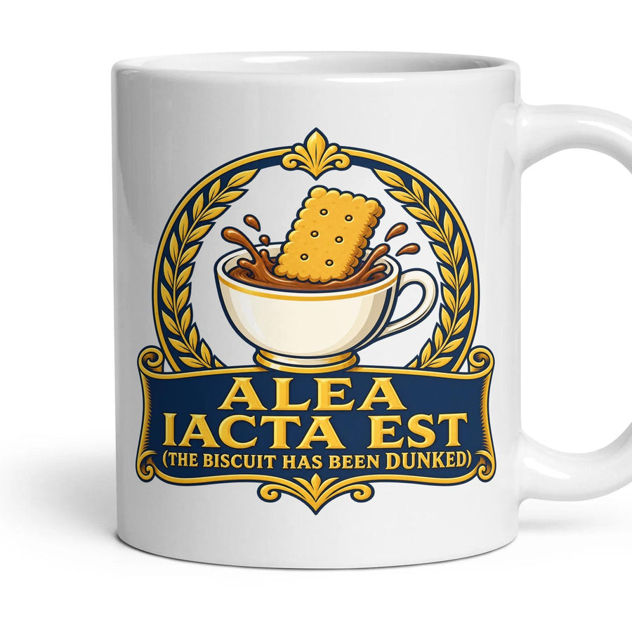 ALEA IACTA EST (the biscuit has been dunked) mug, 11oz white ceramic, handle right