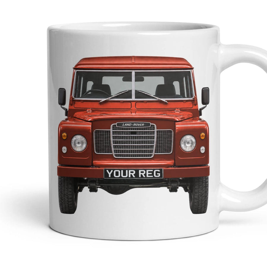 Land Rover Series III Personalised Number Plate Mug - Masai Red - Front & Rear mug, 11oz white ceramic, Masai Red, handle right