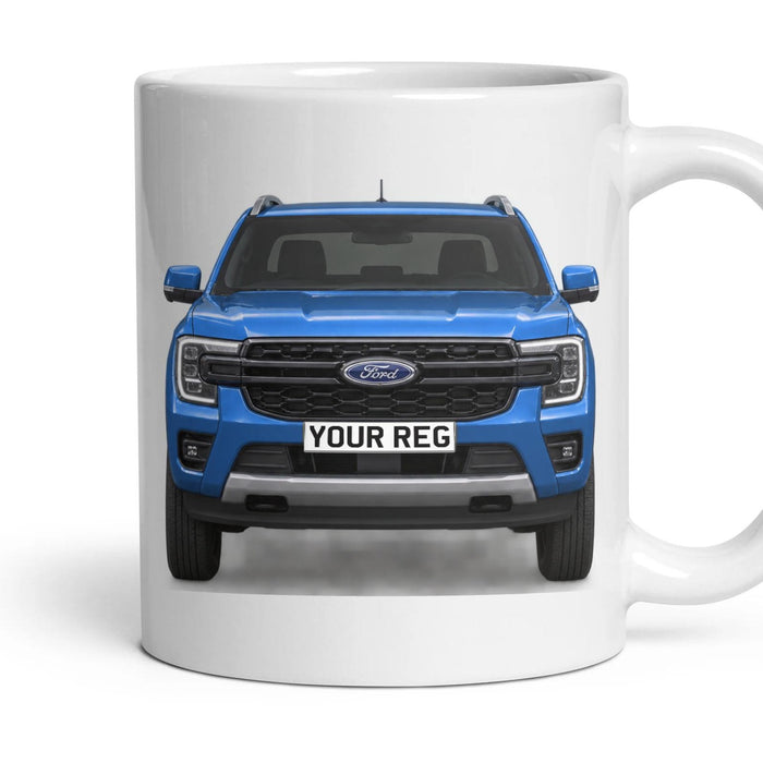Ford Ranger Personalised Number Plate Mug - Blue Lightning - Front & Rear mug, 11oz white ceramic, Blue Lightning, handle right