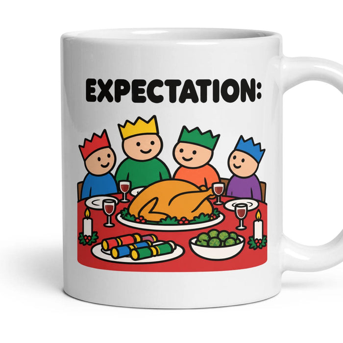 Christmas Dinner mug, 11oz white ceramic, handle right
