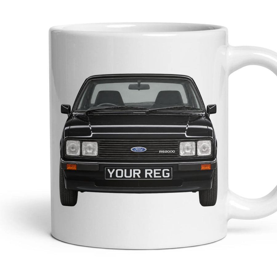 Ford Escort Mk2 RS2000 Personalised Number Plate Mug - Black - Front & Rear mug, 11oz white ceramic, Black, handle right
