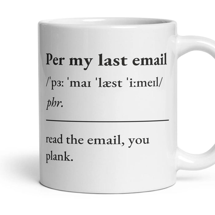 Per my last email mug, 11oz white ceramic, handle right
