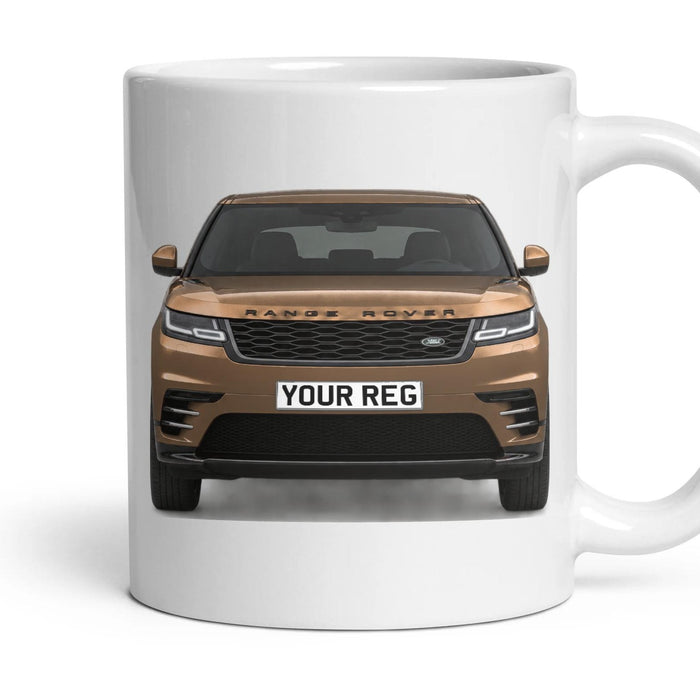 Range Rover Velar Personalised Number Plate Mug - Corinthian Bronze - Front & Rear mug, 11oz white ceramic, Corinthian Bronze, handle right
