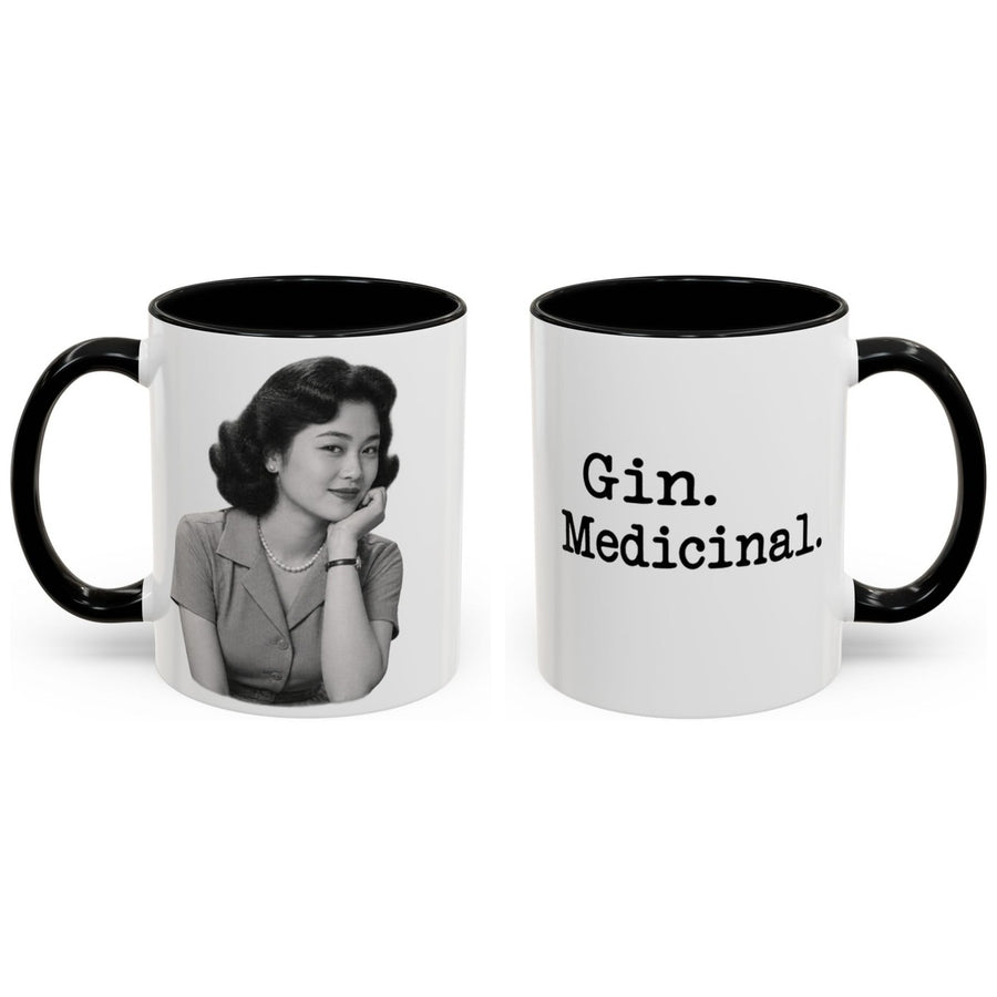 Gin. Medicinal. mug, 11oz white ceramic, black handle and interior, handle right