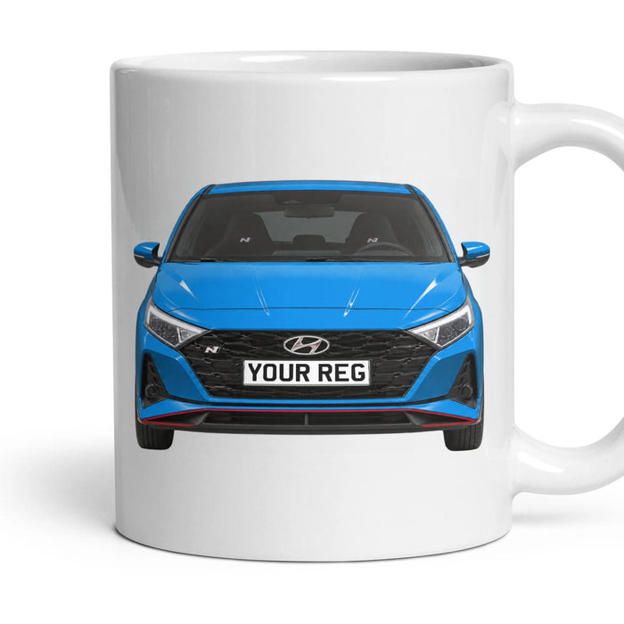 Hyundai i20 N Personalised Number Plate Mug - Performance Blue - Front & Rear mug, 11oz white ceramic, Performance Blue, handle right