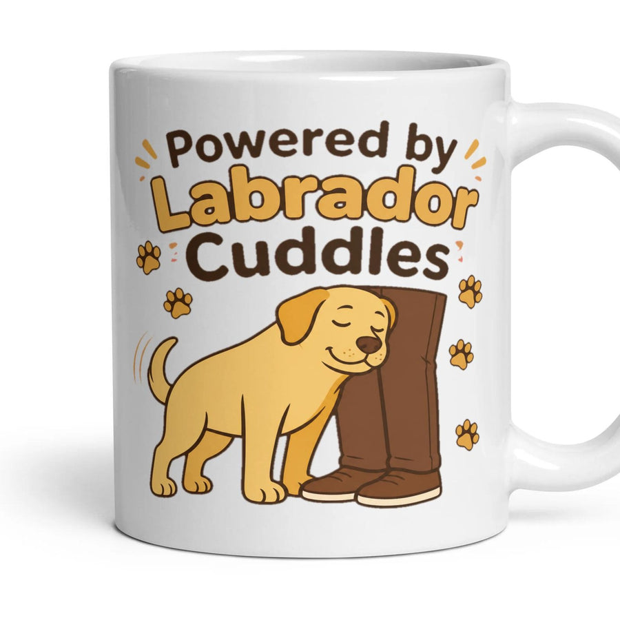 Powered by Labrador Cuddles mug, 11oz white ceramic, handle right