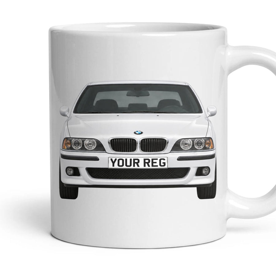 BMW M5 E39 Personalised Number Plate Mug - Alpine White - Front & Rear mug, 11oz white ceramic, Alpine White, handle right