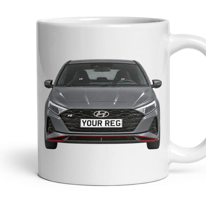 Hyundai i20 N Personalised Number Plate Mug - Titan Grey - Front & Rear mug, 11oz white ceramic, Titan Grey, handle right