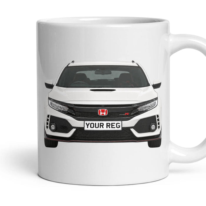 Honda Civic Type R FK8 Personalised Number Plate Mug - Championship White - Front & Rear mug, 11oz white ceramic, Championship White, handle right