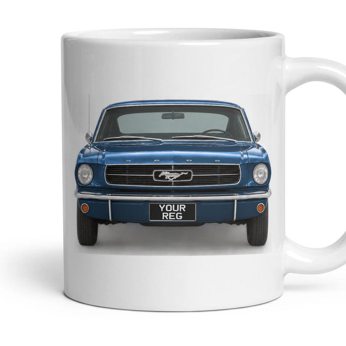 Ford Mustang (1965) Personalised Number Plate Mug - Guardsman Blue - Front & Rear mug, 11oz white ceramic, Guardsman Blue, handle right