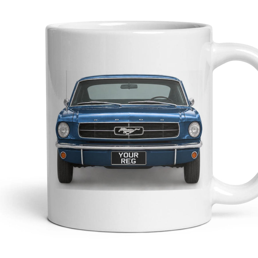 Ford Mustang (1965) Personalised Number Plate Mug - Guardsman Blue - Front & Rear mug, 11oz white ceramic, Guardsman Blue, handle right