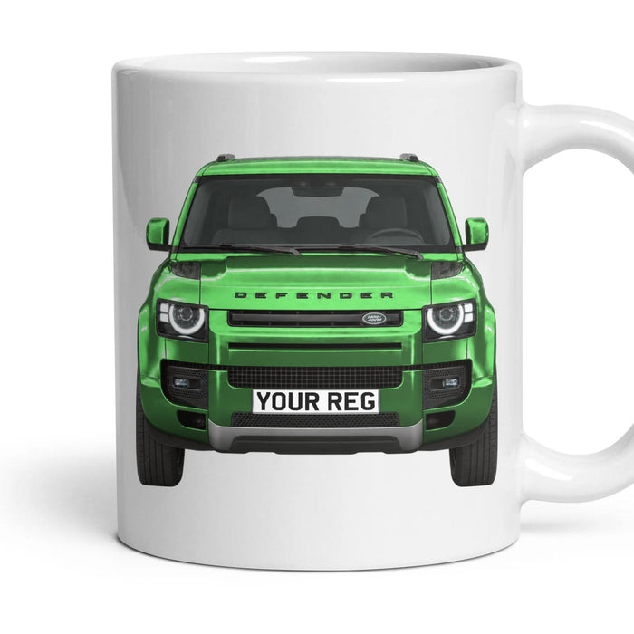 Land Rover Defender Personalised Number Plate Mug - Pangea Green - Front & Rear mug, 11oz white ceramic, Pangea Green, handle right