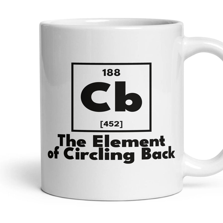 Cb The Element of Circling Back mug, 11oz white ceramic, handle right