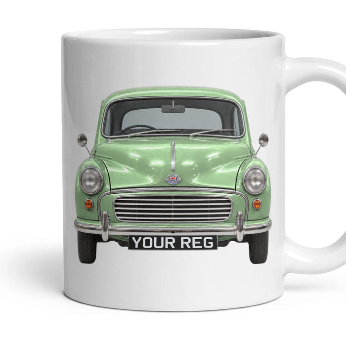 Morris Minor 1000 Personalised Number Plate Mug - Almond Green - Front & Rear mug, 11oz white ceramic, Almond Green, handle right