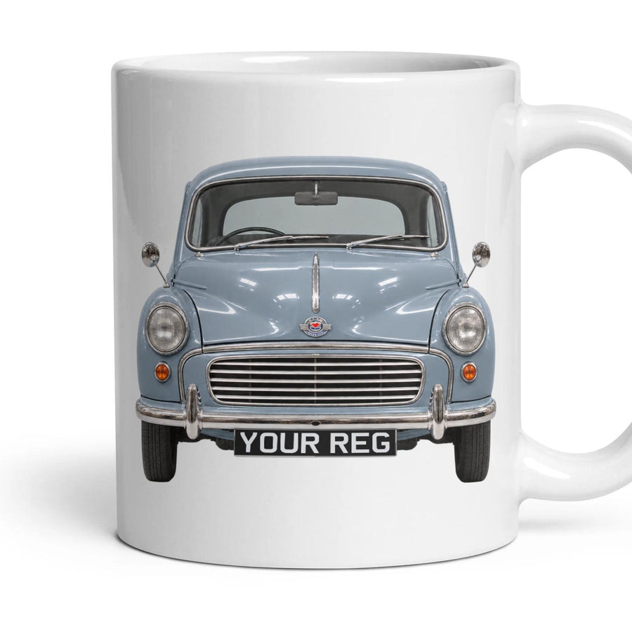 Morris Minor 1000 Personalised Number Plate Mug - Smoke Grey - Front & Rear mug, 11oz white ceramic, Smoke Grey, handle right