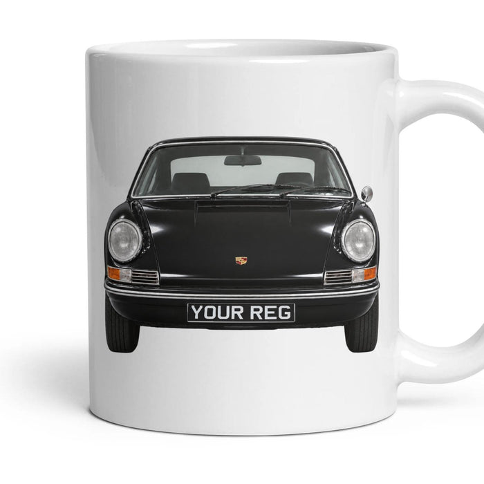 Porsche 911 (Classic) Personalised Number Plate Mug - Black - Front & Rear mug, 11oz white ceramic, Black, handle right