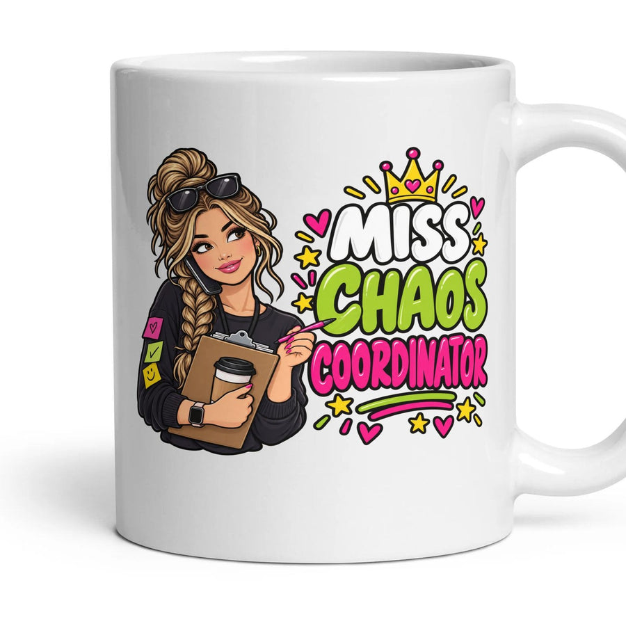 Miss Chaos Coordinator mug, 11oz white ceramic, handle right