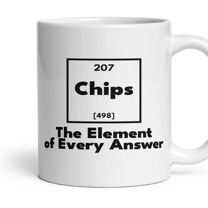 Chips The Element of Every Answer mug, 11oz white ceramic, handle right