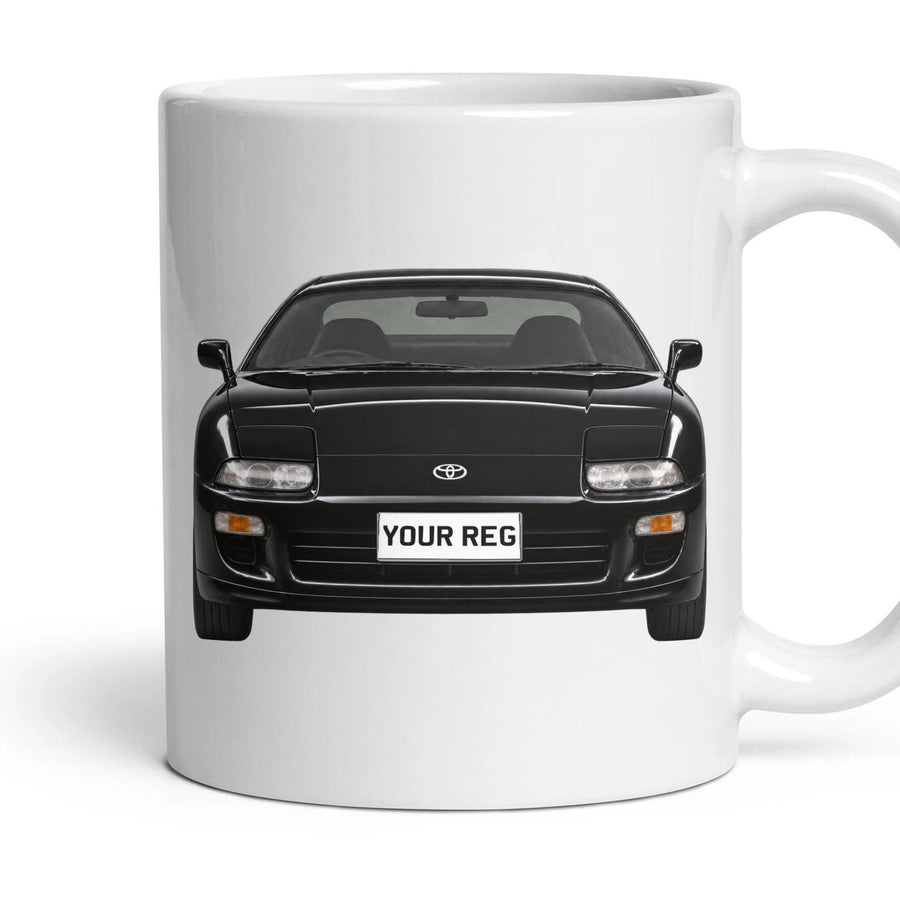 Toyota Supra Mk4 Personalised Number Plate Mug - Black - Front & Rear mug, 11oz white ceramic, Black, handle right