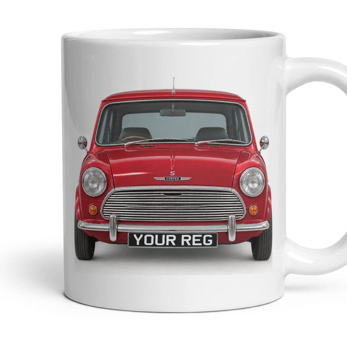 Classic Mini Cooper S Personalised Number Plate Mug - Tartan Red - Front & Rear mug, 11oz white ceramic, Tartan Red, handle right