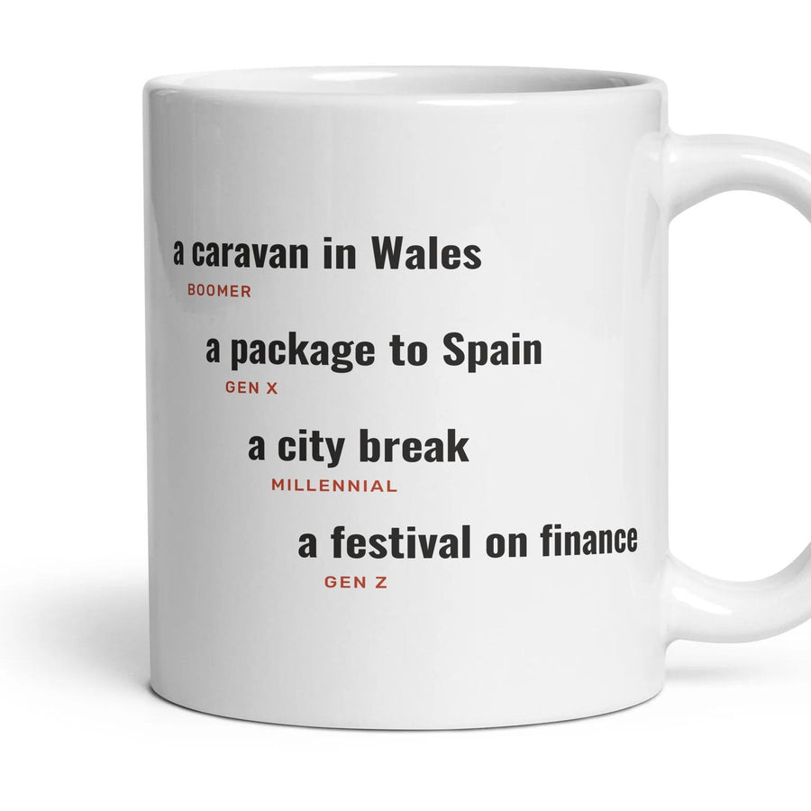 Holidays: a caravan in Wales, a package to Spain, a city break, a festival on finance mug, 11oz white ceramic, handle right
