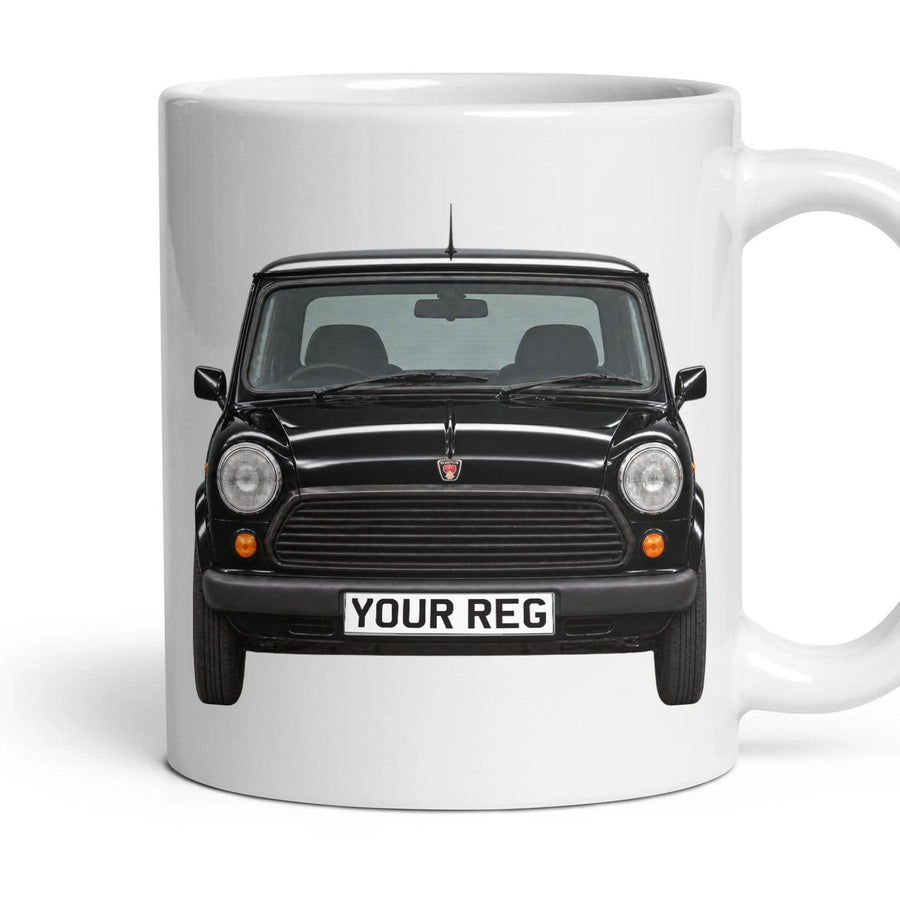 Rover Mini Cooper Personalised Number Plate Mug - Black - Front & Rear mug, 11oz white ceramic, Black, handle right