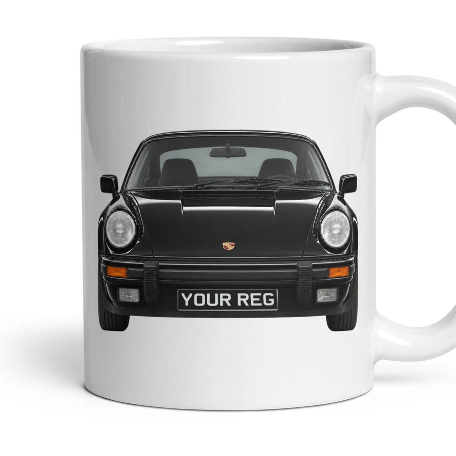 Porsche 911 G-Series Personalised Number Plate Mug - Black - Front & Rear mug, 11oz white ceramic, Black, handle right