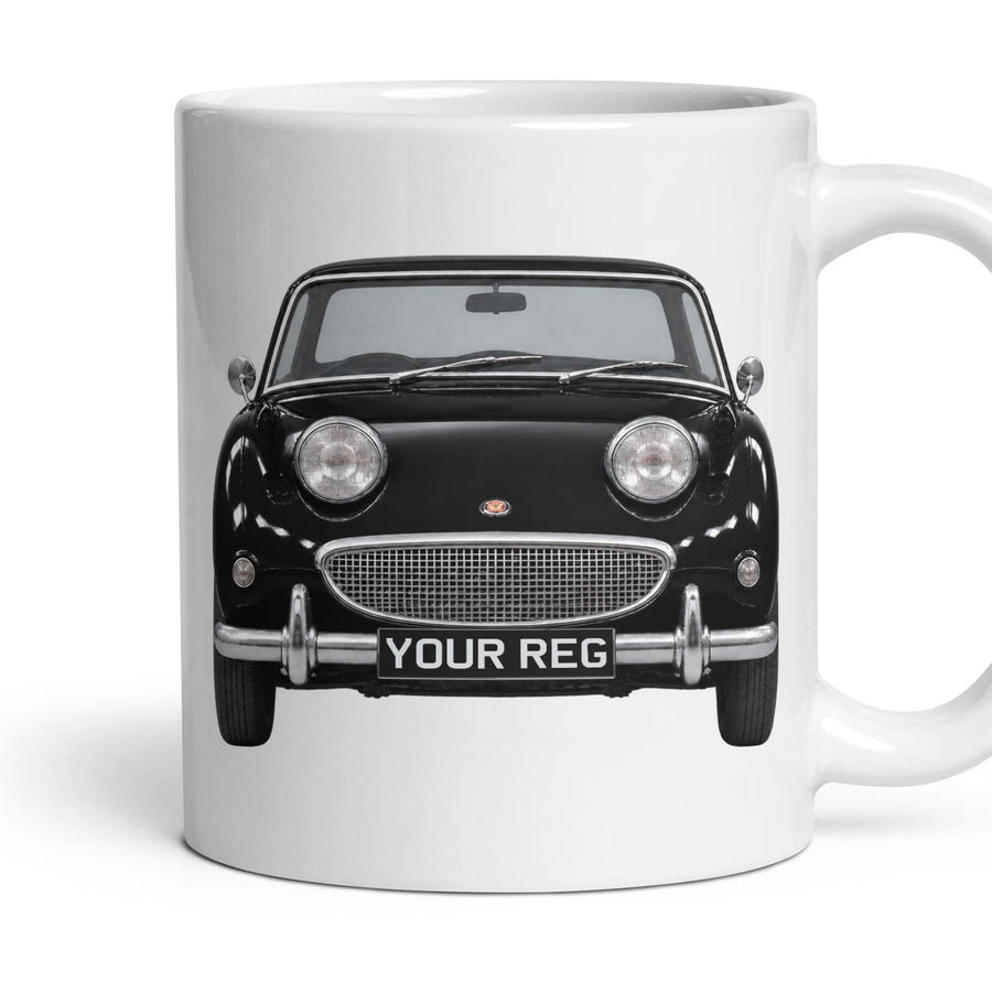 Austin-Healey Sprite Personalised Number Plate Mug - Black - Front & Rear mug, 11oz white ceramic, Black, handle right