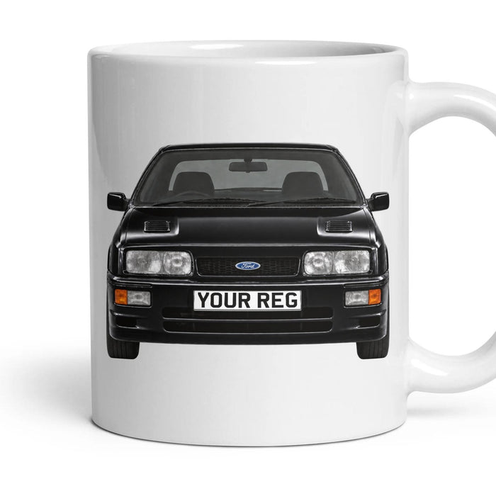 Ford Sierra RS Cosworth Personalised Number Plate Mug - Black - Front & Rear mug, 11oz white ceramic, Black, handle right