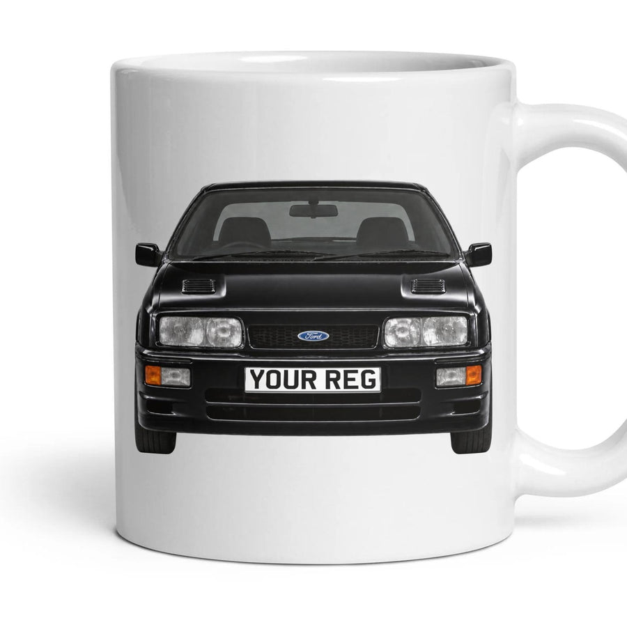 Ford Sierra RS Cosworth Personalised Number Plate Mug - Black - Front & Rear mug, 11oz white ceramic, Black, handle right