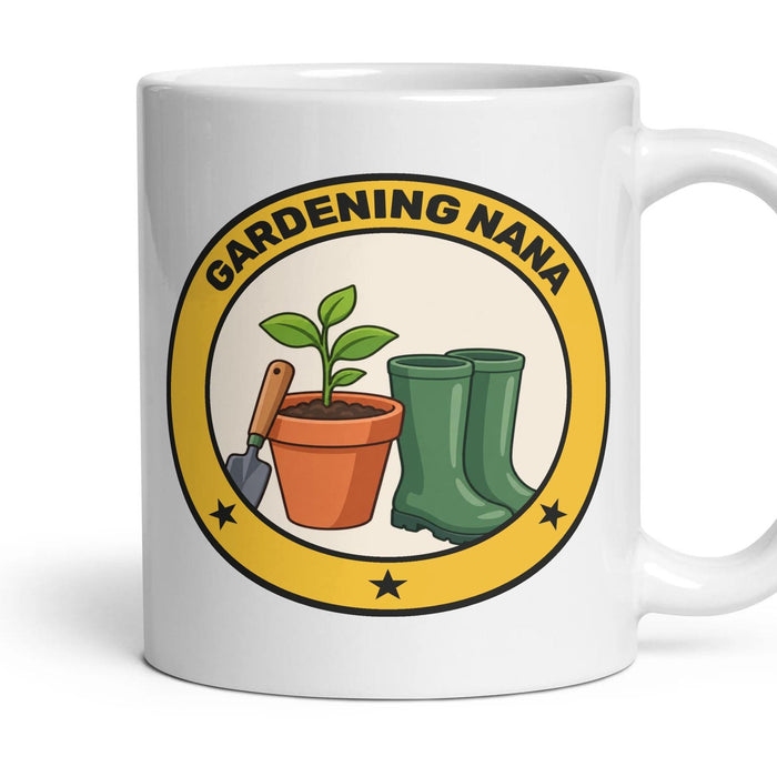 Gardening Nana mug, 11oz white ceramic, handle right