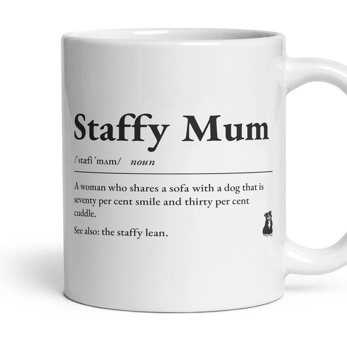 Staffy Mum mug, 11oz white ceramic, Black & White, handle right