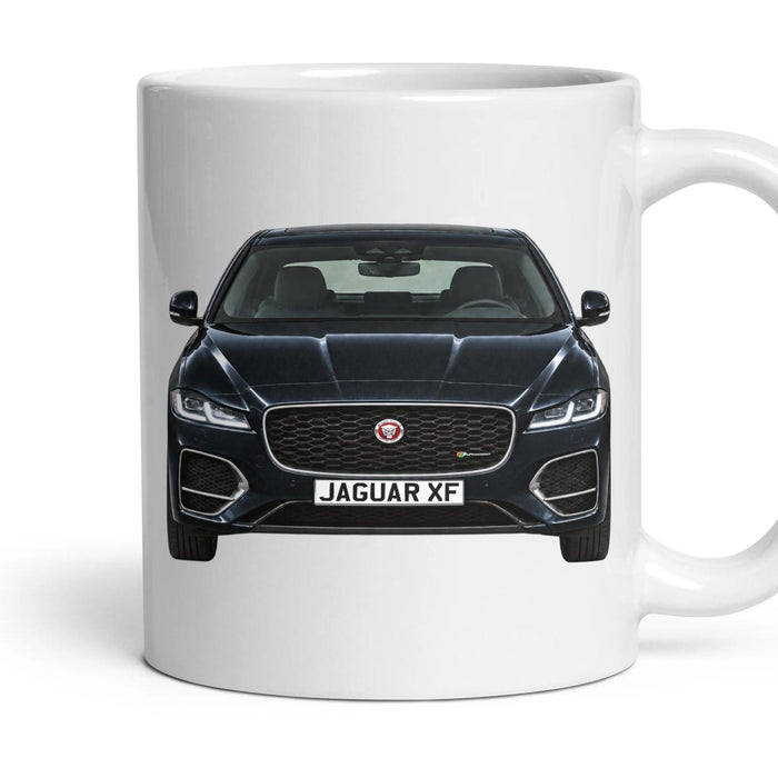 Jaguar XF Number Plate Mug - Santorini Black - Front & Rear mug, 11oz white ceramic, Santorini Black, handle right