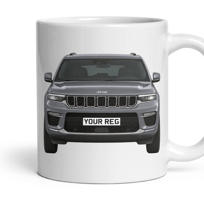 Jeep Grand Cherokee Personalised Number Plate Mug - Baltic Gray Metallic - Front & Rear mug, 11oz white ceramic, Baltic Gray Metallic, handle right