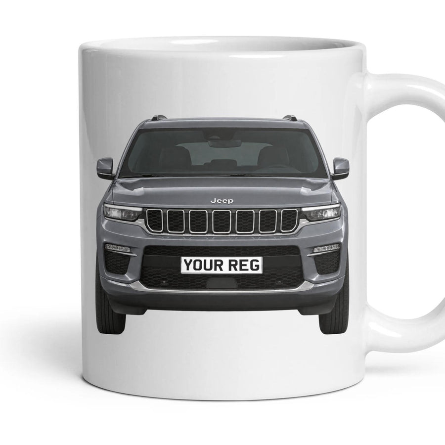 Jeep Grand Cherokee Personalised Number Plate Mug - Baltic Gray Metallic - Front & Rear mug, 11oz white ceramic, Baltic Gray Metallic, handle right