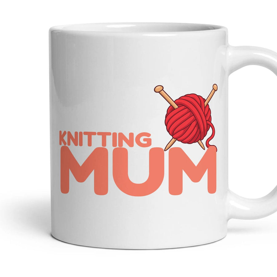 Knitting Mum mug, 11oz white ceramic, handle right