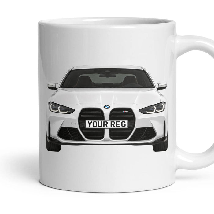 BMW M4 Personalised Number Plate Mug - Alpine White - Front & Rear mug, 11oz white ceramic, Alpine White, handle right