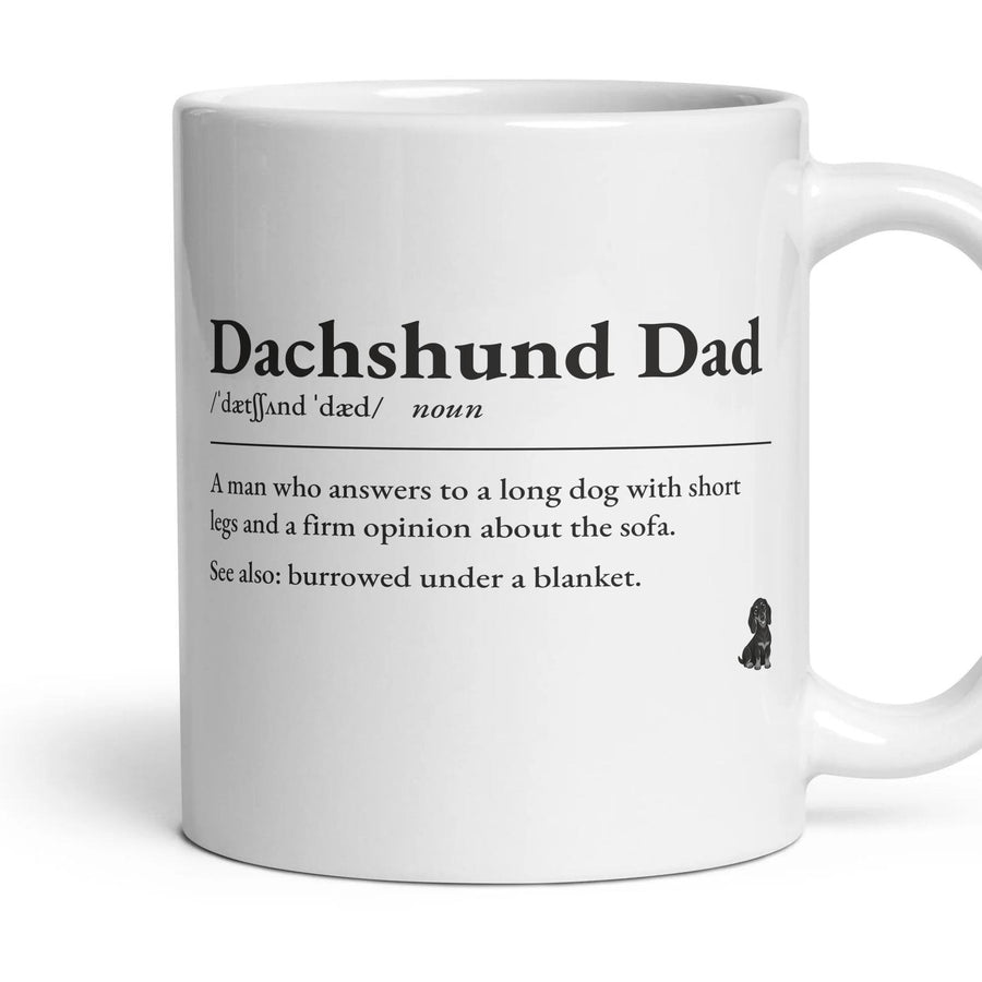 Dachshund Dad mug, 11oz white ceramic, Black & Tan, handle right