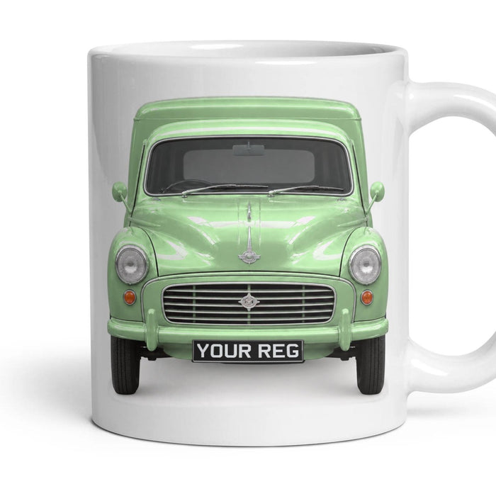 Morris Minor Van Personalised Number Plate Mug - Almond Green - Front & Rear mug, 11oz white ceramic, Almond Green, handle right