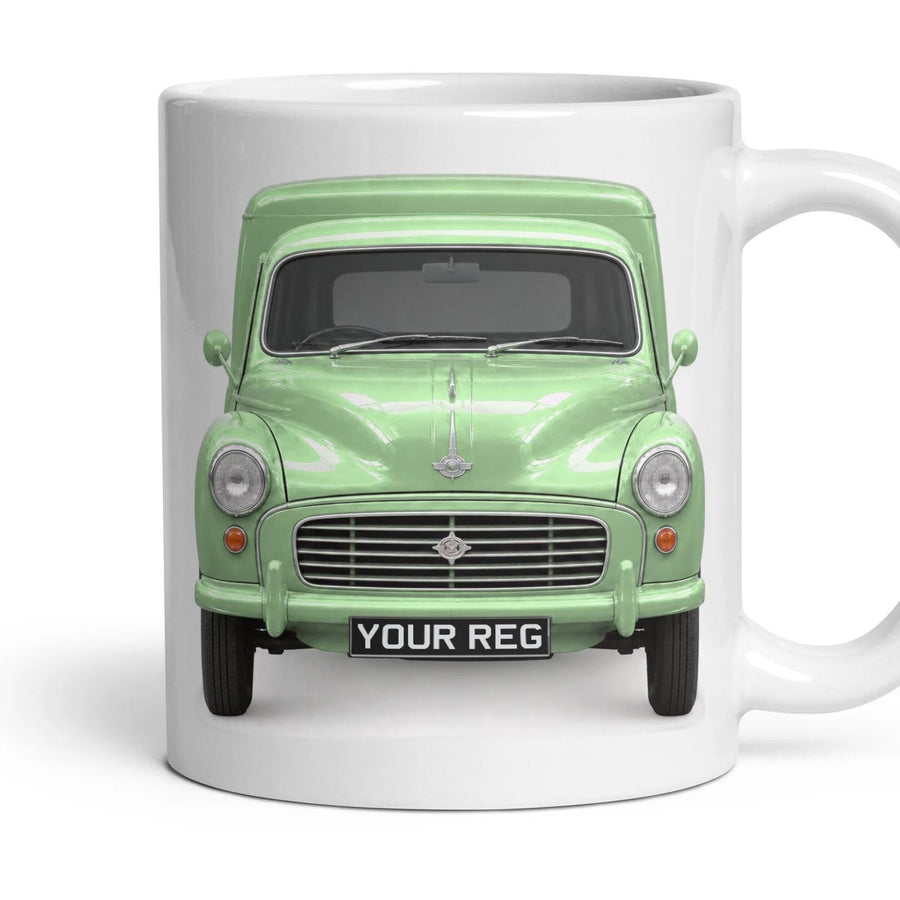 Morris Minor Van Personalised Number Plate Mug - Almond Green - Front & Rear mug, 11oz white ceramic, Almond Green, handle right