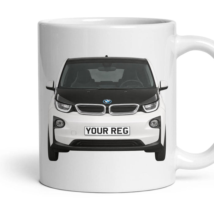BMW i3 Personalised Number Plate Mug - Capparis White - Front & Rear mug, 11oz white ceramic, Capparis White, handle right