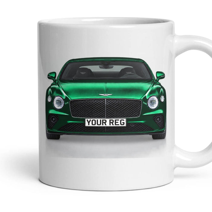 Bentley Continental GT Personalised Number Plate Mug - British Racing Green - Front & Rear mug, 11oz white ceramic, British Racing Green, handle right