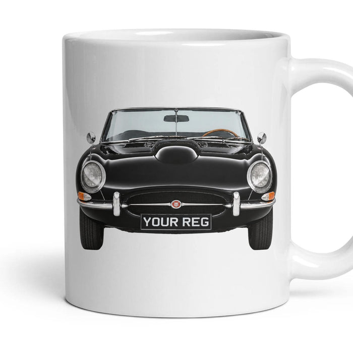 Jaguar E-Type Personalised Number Plate Mug - Black - Front & Rear mug, 11oz white ceramic, Black, handle right