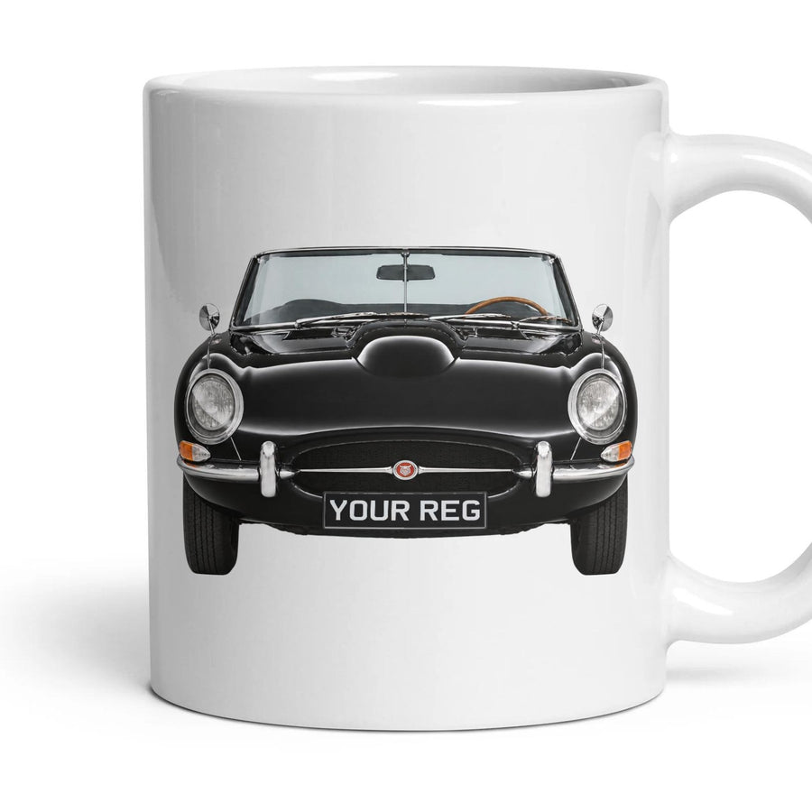 Jaguar E-Type Personalised Number Plate Mug - Black - Front & Rear mug, 11oz white ceramic, Black, handle right